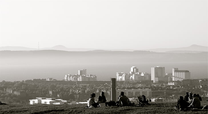 people, hills, view, city, scape, sitting, grass
