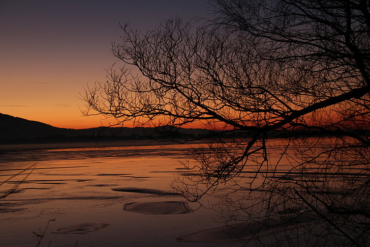 lake, winter, evening, sunset, ice, cold, water