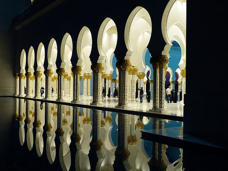 grote moskee, Abu dhabi, Emiraten, reflectie, moskee, het platform