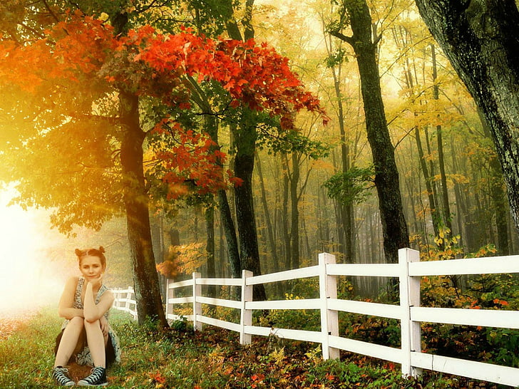 girl, sitting, outdoors, nature, fence, picket, young