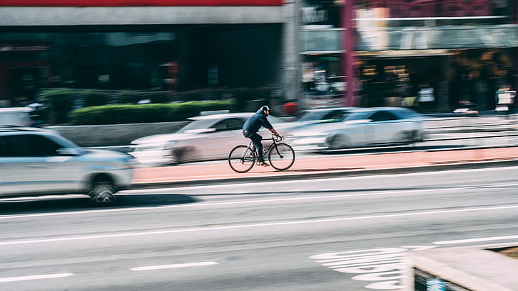 bicicleta, entelar, cotxes, ciutat, ciclista, carretera, urbà