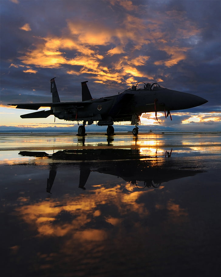 літак, Jet, винищувач, Військово-повітряні сили, небо, хмари, Захід сонця