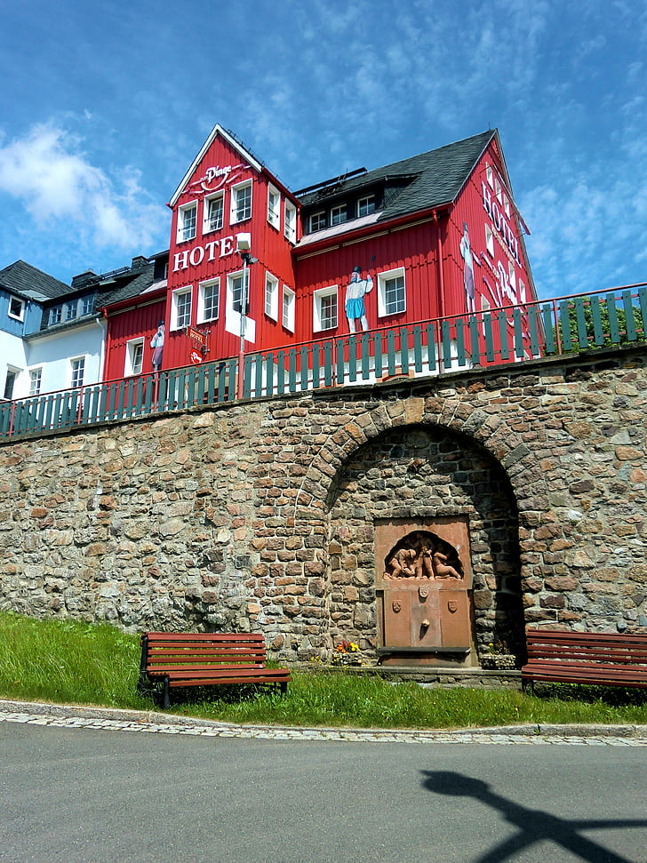 Альтенберг, bergmannsbrunnen, Отель, стена, здание, Дом, фасад