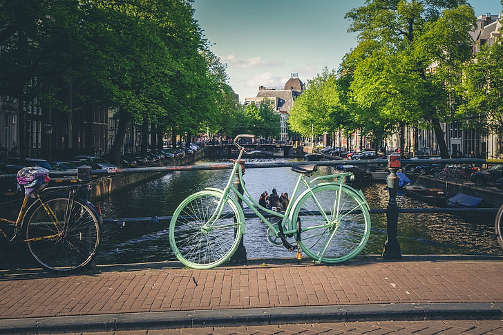ποδήλατα, ποδήλατα, κανάλι, γέφυρα, πλακόστρωτα, πόλη, πόλη