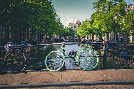 bikes, bicycles, canal, bridge, cobblestone, city, town