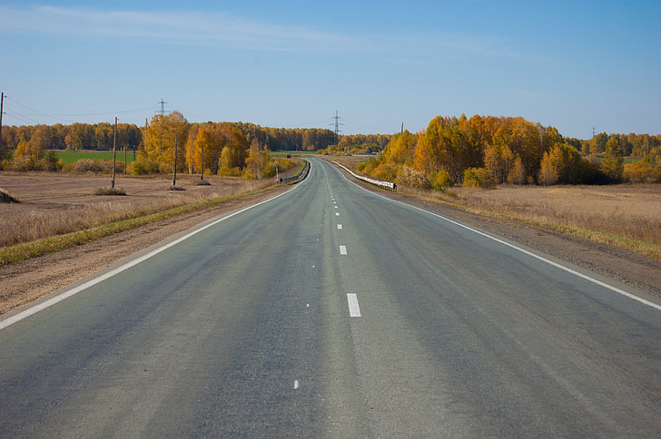 estrada, Outono, céu claro, árvores amarelas, Muito bom, Sibéria, Rússia