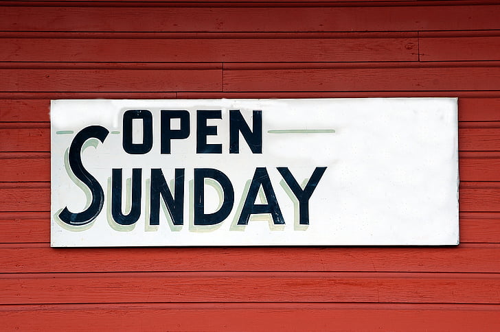 Atidarykite sekmadienį ženklas, ženklų, atidaryti, verslo, parduotuvė, mažmeninės prekybos, tekstas