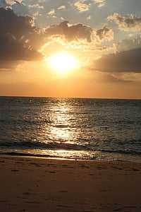 havet, stranden, soluppgång