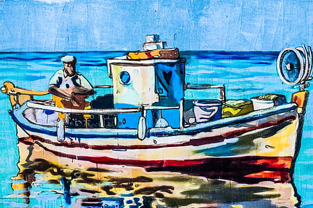 渔船, 捕鱼, 传统, 涂鸦, 墙上, 传统, 绘画