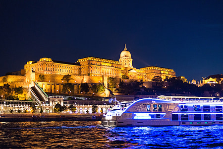 lâu đài Buda, sông Danube, Budapest, Hungary, kiến trúc, đêm, đèn chiếu sáng