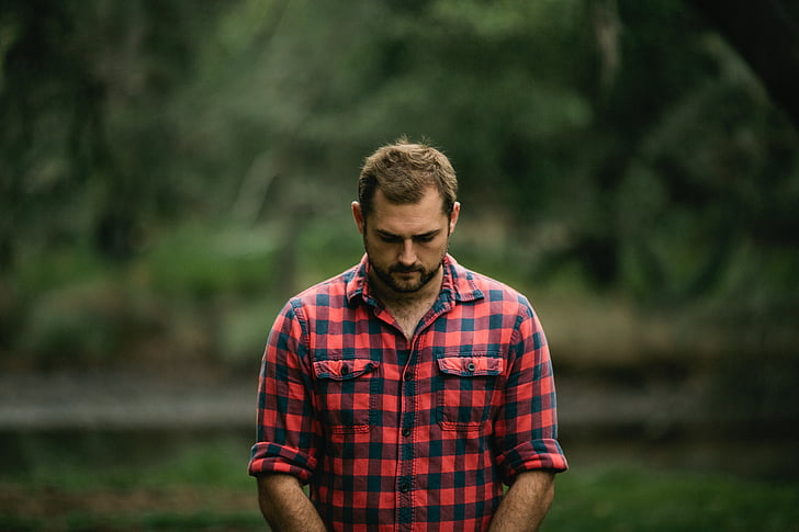 people, man, checkered, flannel, sad, trees, nature