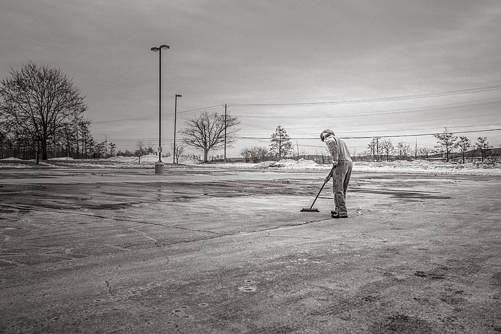 man, sweeping, floor, grayscale, photo, broom, cleaning
