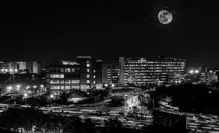 black-and-white, city, lights, moon, night, cityscape, architecture