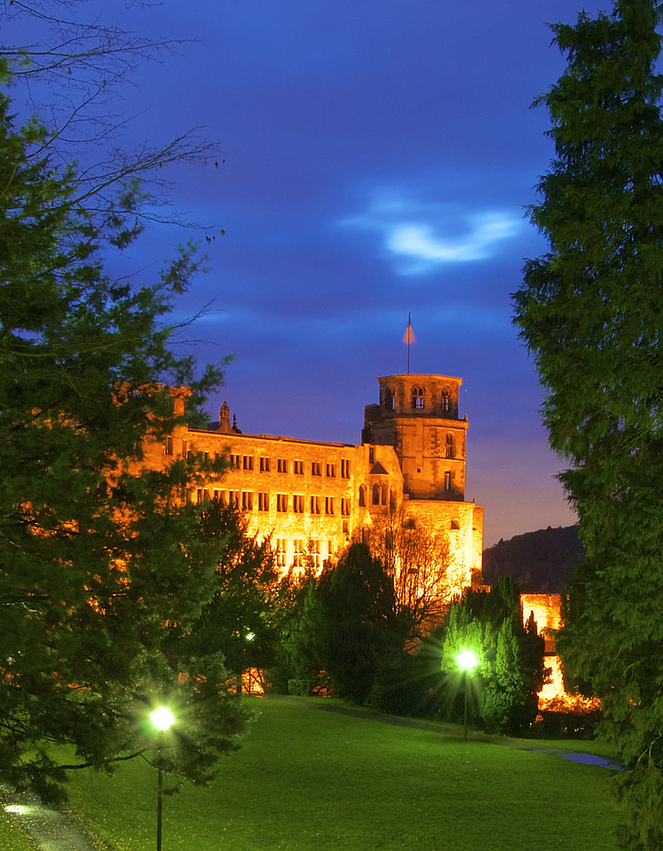 Heidelberg, Castell, il·luminació, nit, Heidelberger schloss, Alemanya, arquitectura