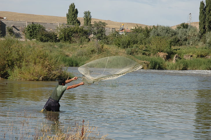 fisherman, cast net, fishing, fishing net, waters, lake, river
