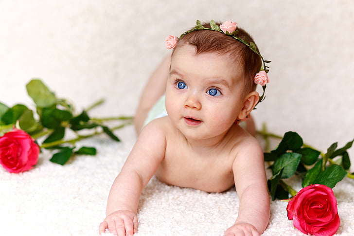 girl, baby, roses, hairband, cute, child, small