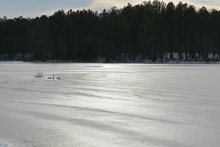 pond, frozen, ice, snow, cold, lake, landscape