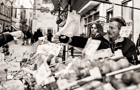 people, man, woman, market, black and white
