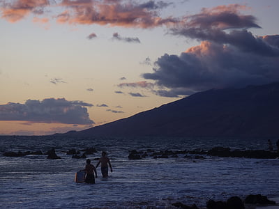 daggry, Maui, Hawaii, surfer, svømmer, hav, sjøen