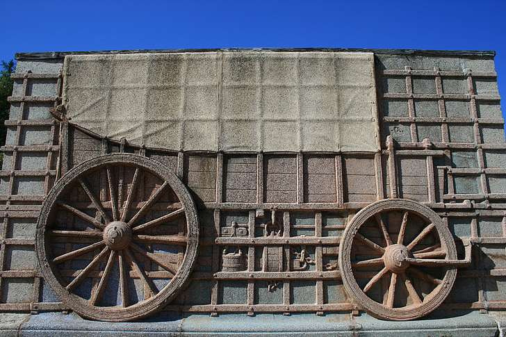 Ox wagon, verlichting, wagon, voorstelling, muur, graniet, historische