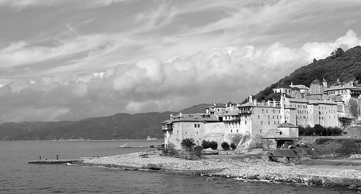 Muntele Athos, Grecia, Manastirea, Biserica, alb-negru, Marea Egee, peisaj