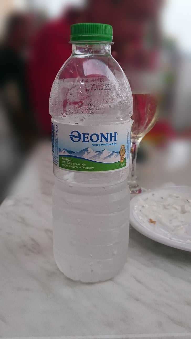 botol air, transparan, Yunani air, air mineral, air bersoda