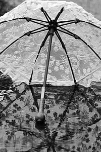 parapluie, parasol, eau, pluie, réflexion, été, noir et blanc