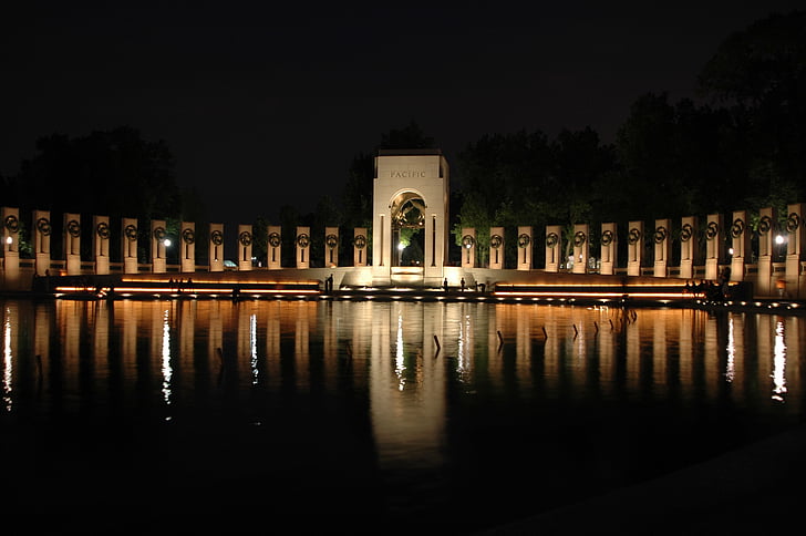 washington dc, world war ii memorial, night, evening, lights, reflections, monument