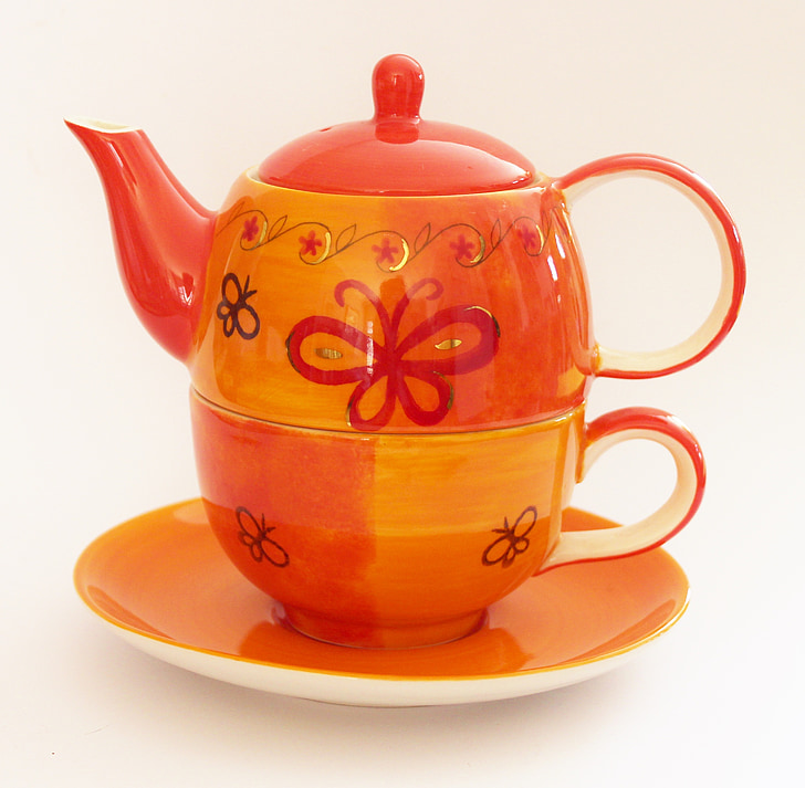 กาน้ำชา, ถ้วย, ชา, สีส้ม, เครื่องดื่ม, บนโต๊ะอาหาร, เครื่องเคลือบดินเผา