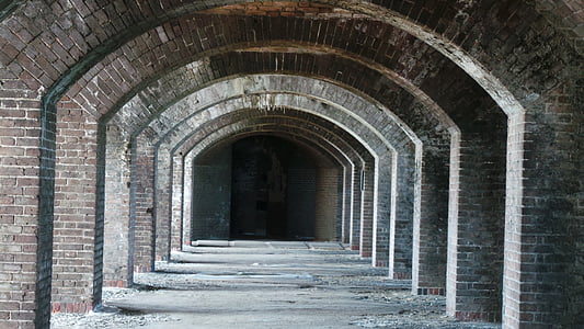 fort, tunnel, tegelstenar, gamla, antika, fästning, historia