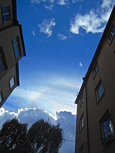 fasāde, zilas debesis, mākonis, Södermalm, Stockholm