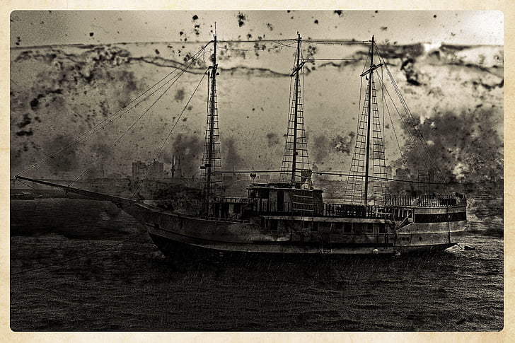 zeilen, schip, boot, antieke, illustraties, rivier, frame