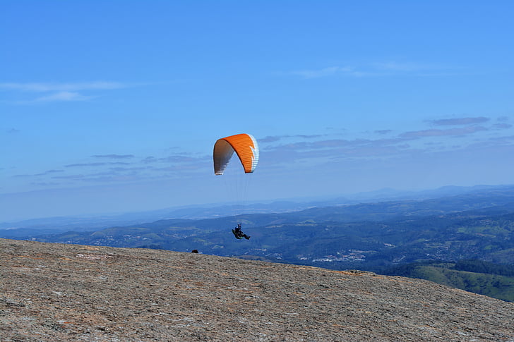 paragliding, flight, sky, blue sky, stone, mountain, jump