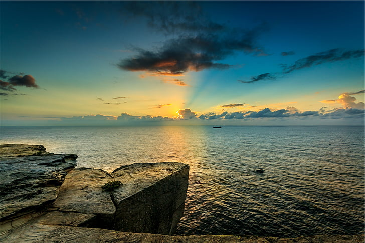 sunset, dusk, beach, ocean, sea, horizon, rocks