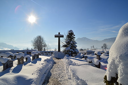 cemitério, sepulturas, Cruz, Nevado, Inverno, neve, Allgäu