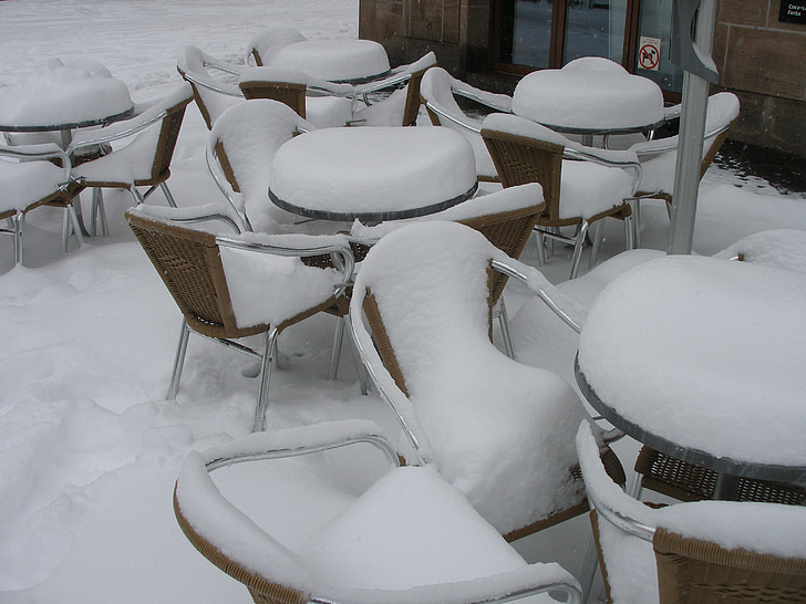 neu, l'hivern, cadira, fred, a l'exterior, temporada