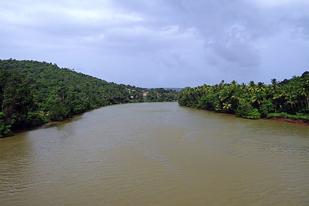 Река terekhol, teracol, приливные, Западные Гаты, холмы, Гоа, Индия