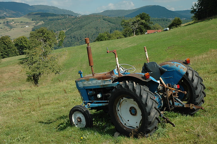 tractor, alpine pasture, meadow, slope, landscape, nature, mountain