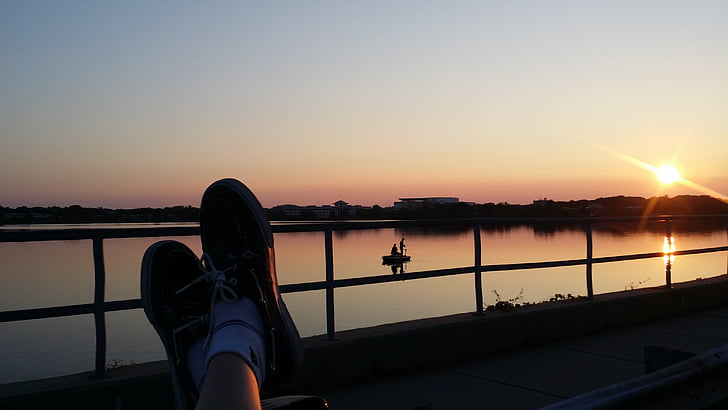 chaussures, coucher de soleil, bateau