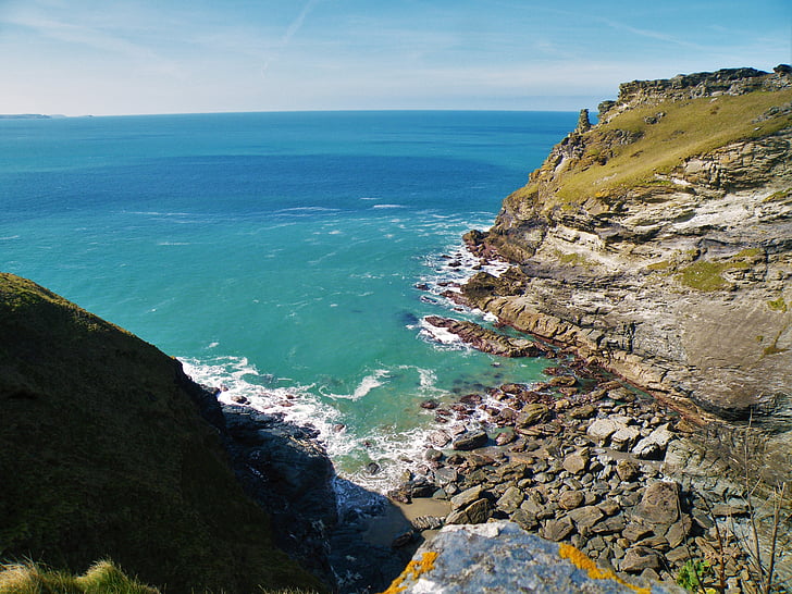 崖, 参照してください。, 海, ロック, 空, ティンタジェル, イギリス