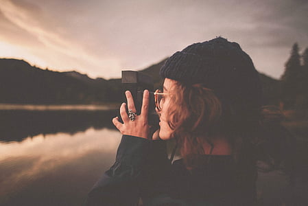 woman, capturing, photograph, lake, people, girl, camera