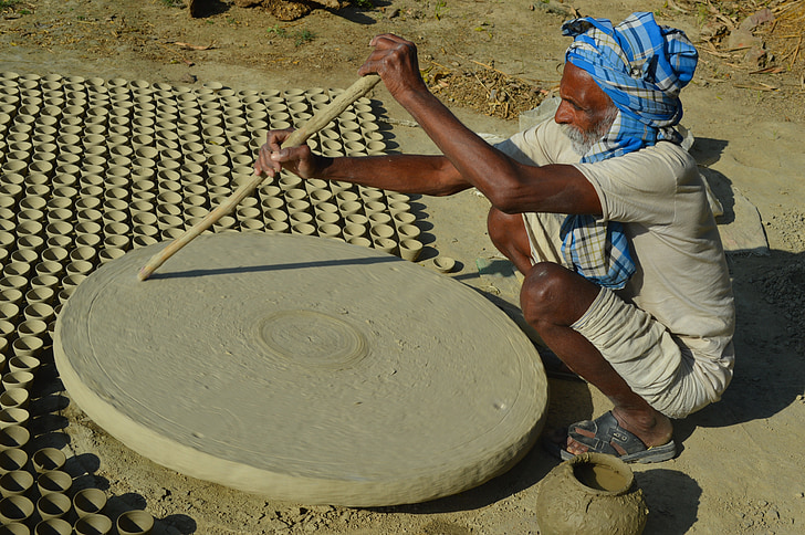 pottery, old man, working in village, human, wrinkled, mud, men