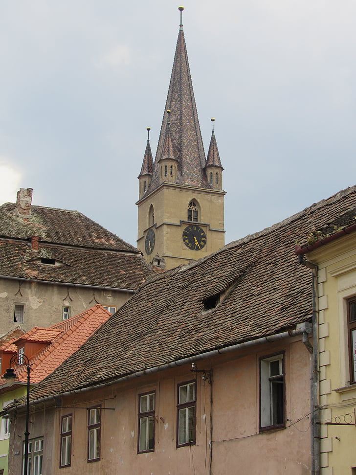 sibiu, transylvania, roofs, church tower, romania, buildings