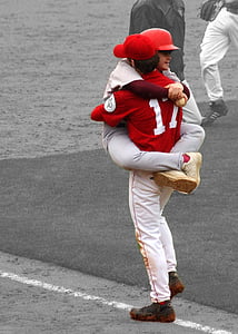 baseball-spiller, bat dreng, Brødrene, følelser, afspiller, knus, atlet