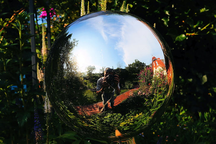 pilota, metall, jardí, adorn, reflectint, decoració jardí, l'aire lliure
