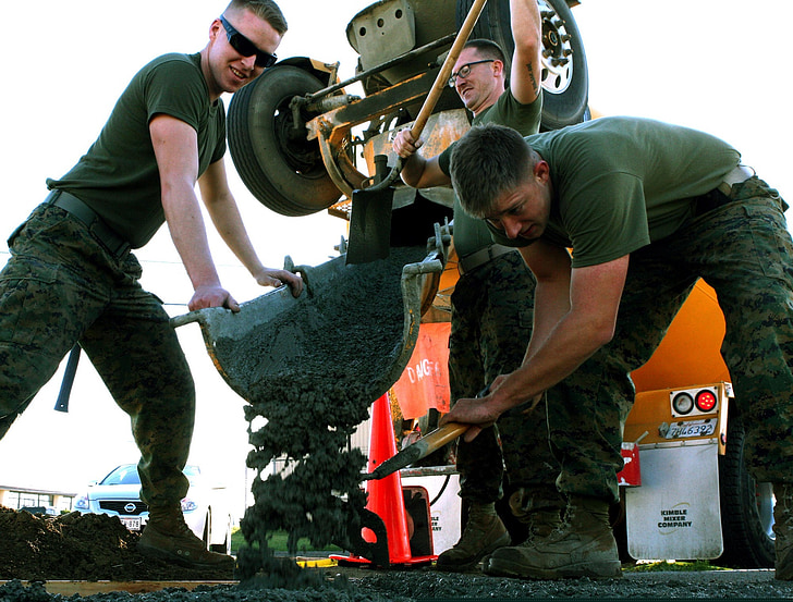men working, cement, construction, workers, marines, military, building