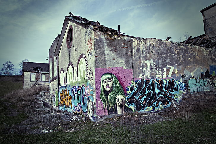 Graffiti, industrin, byggnad, gamla, upphörde att gälla, krasch, f.d. spinneri