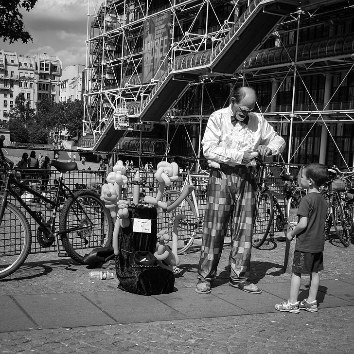 Paříž, ulice, dítě, klaun, Centre pompidou