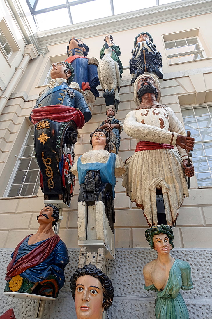 figureheads, nautical, statues, wooden, weathered, classical, exterior
