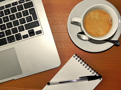 coffee, desk, laptop, notepad, pen, business, table